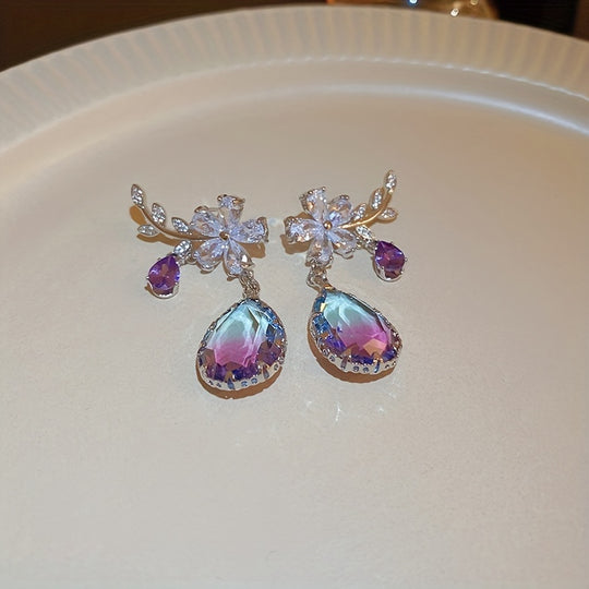 Flower & Teardrop Shape Zirconia Drop Dangle Earrings