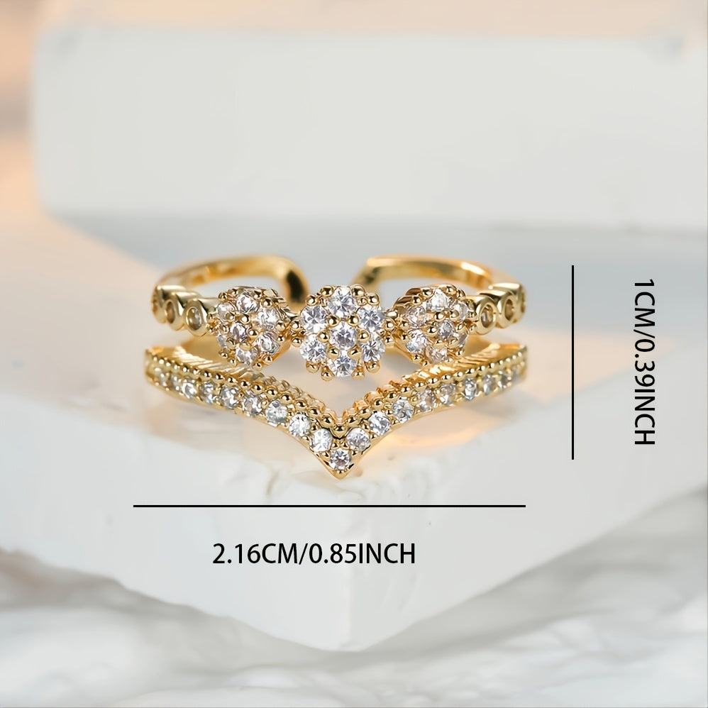 Luxurious Double V-Cut Zirconia Inlaid Ring