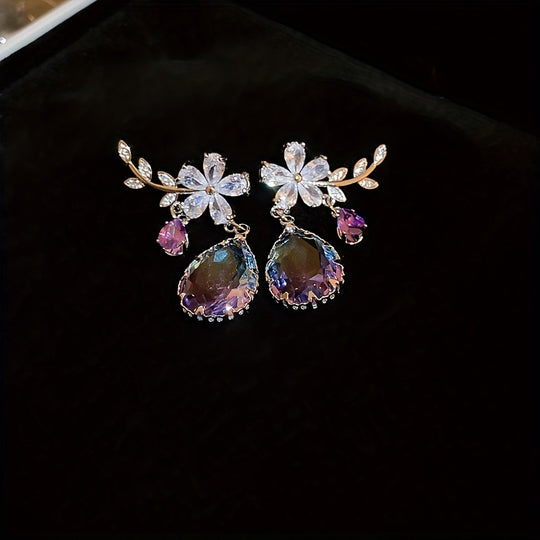 Flower & Teardrop Shape Zirconia Drop Dangle Earrings