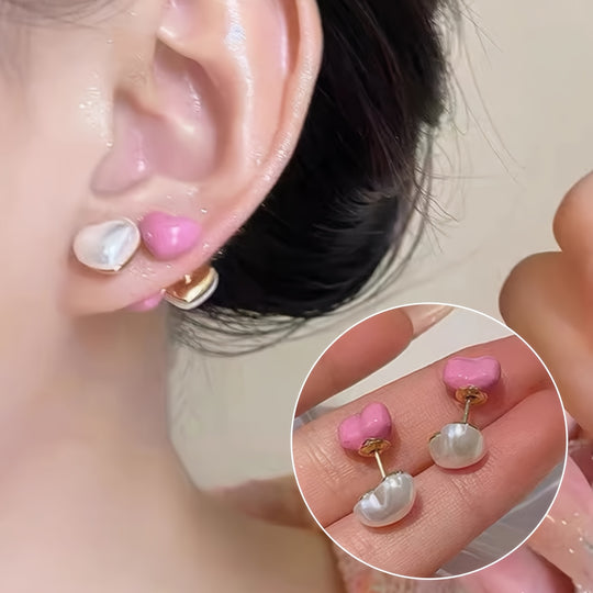 Elegant Pink Heart & Pearl Stud Earrings