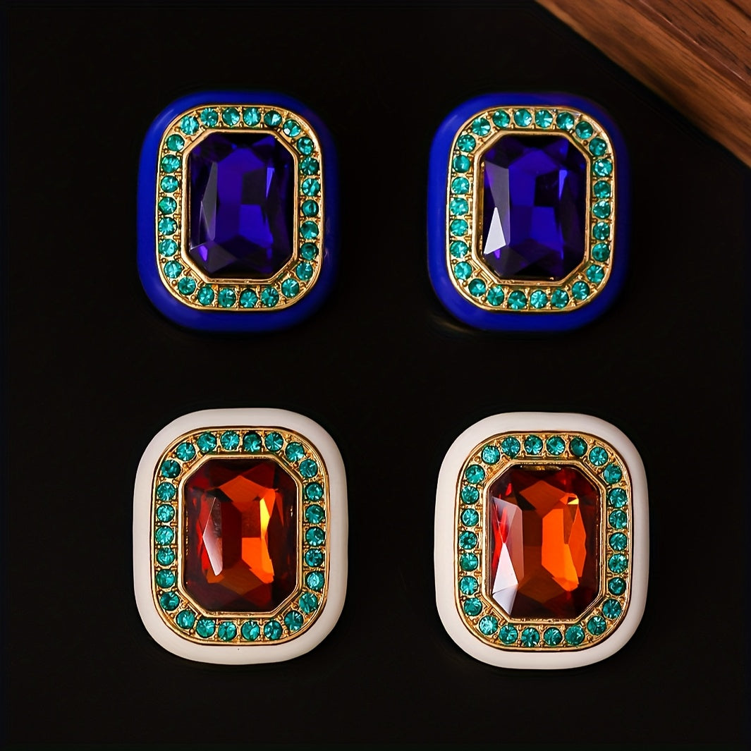 Fashionable Square Enamel Rhinestone Earrings