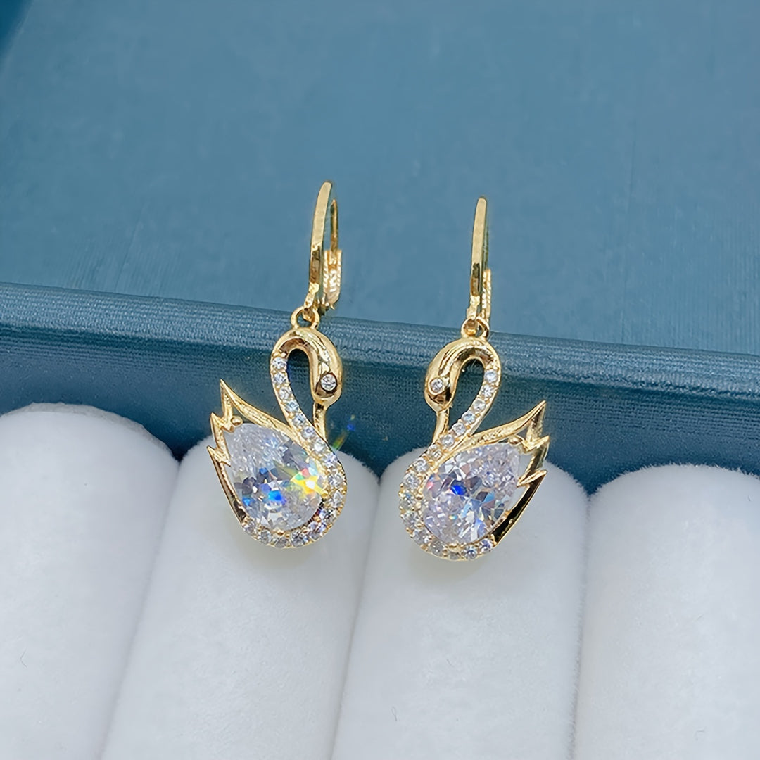 Golden Tone Swan Dangle Earrings