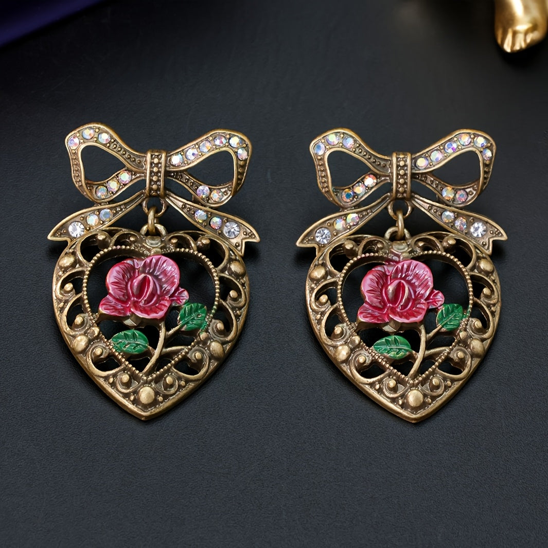Vintage Heart & Rose Bowknot Earrings