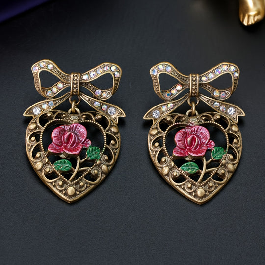 Vintage Heart & Rose Bowknot Earrings