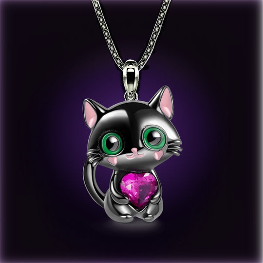 Kitten Hugging Heart Pendant Necklace