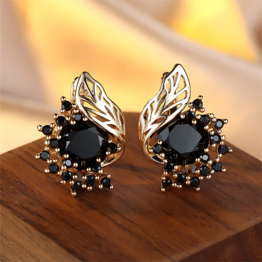 Round Black Stone Floral Earrings