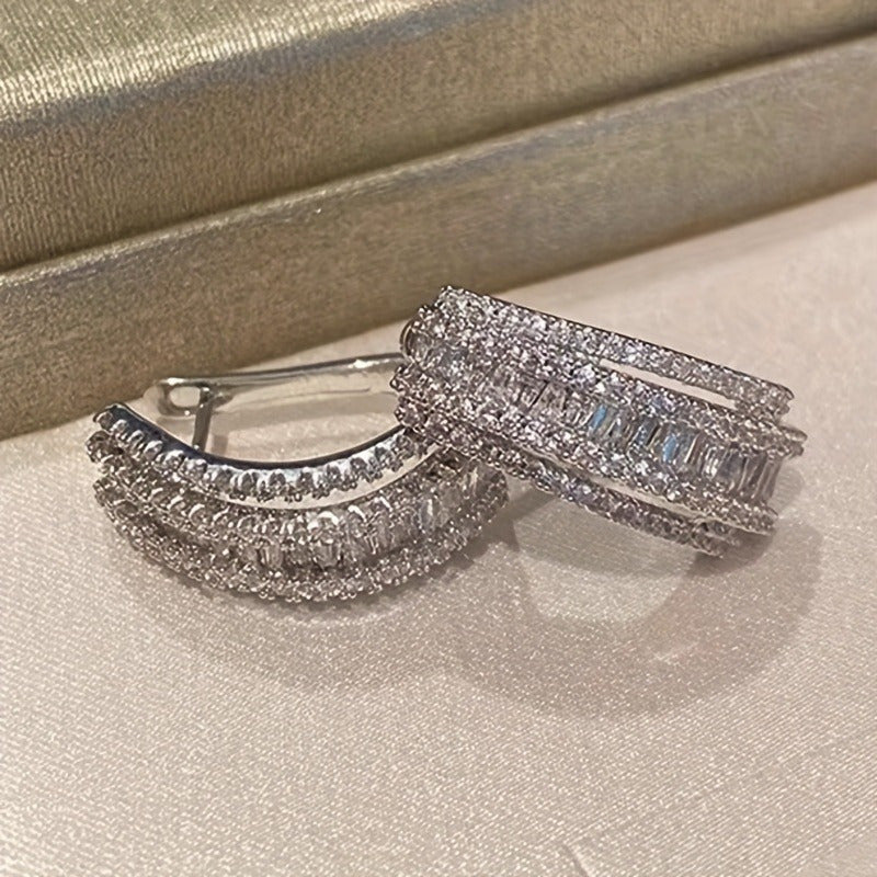 Curved Geometric Hoop Earrings with Zirconia