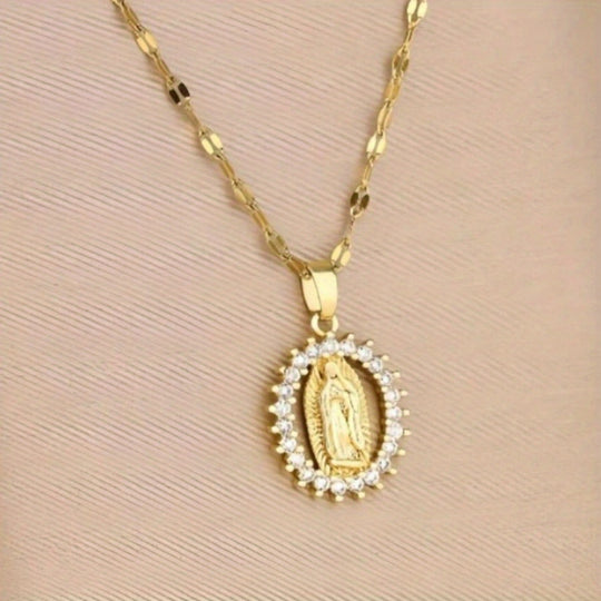 Virgin Mary Oval Pendant Necklace