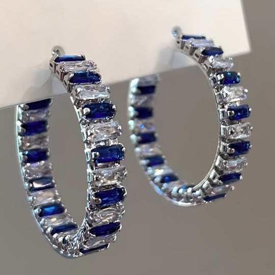Chic Square Blue Gemstone Hoop Earrings