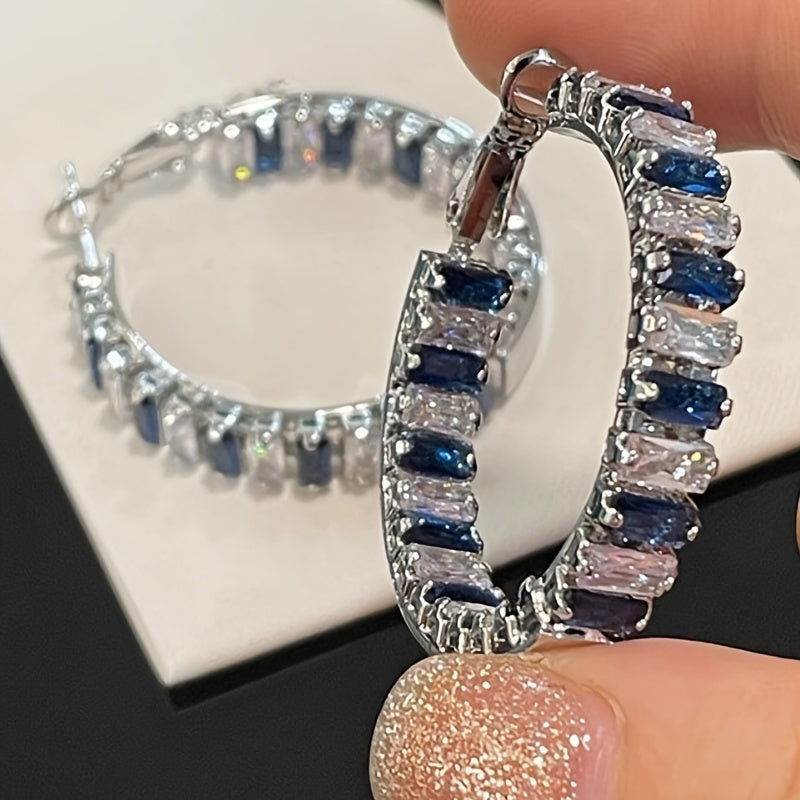 Chic Square Blue Gemstone Hoop Earrings