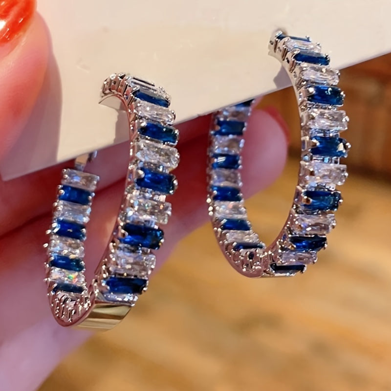 Chic Square Blue Gemstone Hoop Earrings