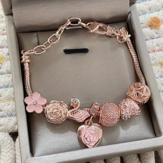 Pink Rose Swan Charm Bracelet
