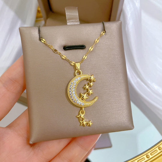 Crescent Moon & Stars Pendant Necklace