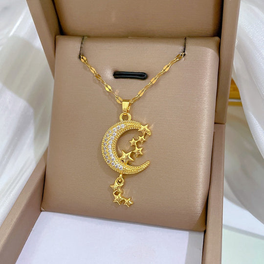 Crescent Moon & Stars Pendant Necklace