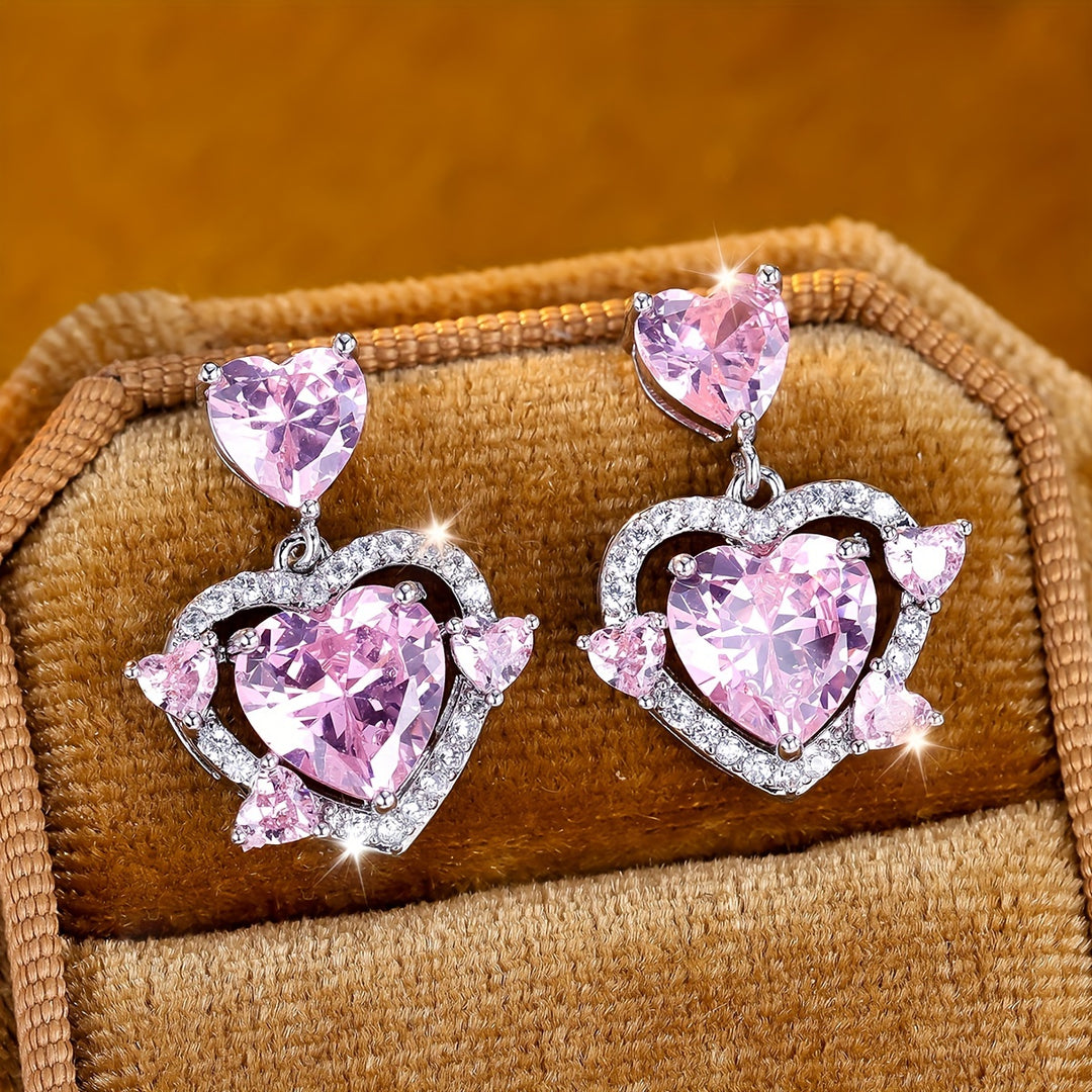 Luxurious Pink Heart Zirconia Earrings