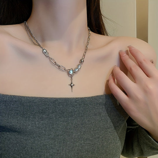 Crinkled Moonstone Rhinestones Star Necklace