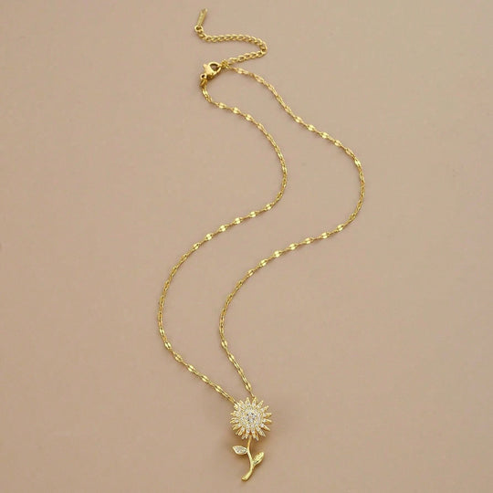 Rotating Sunflower Zirconia Pendant Necklace