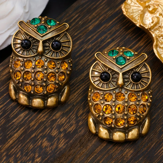 Vintage Owl Earrings with Sparkling Rhinestones