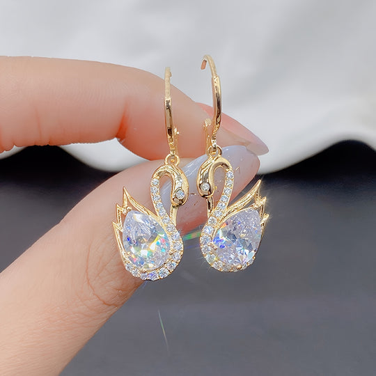 Golden Tone Swan Dangle Earrings