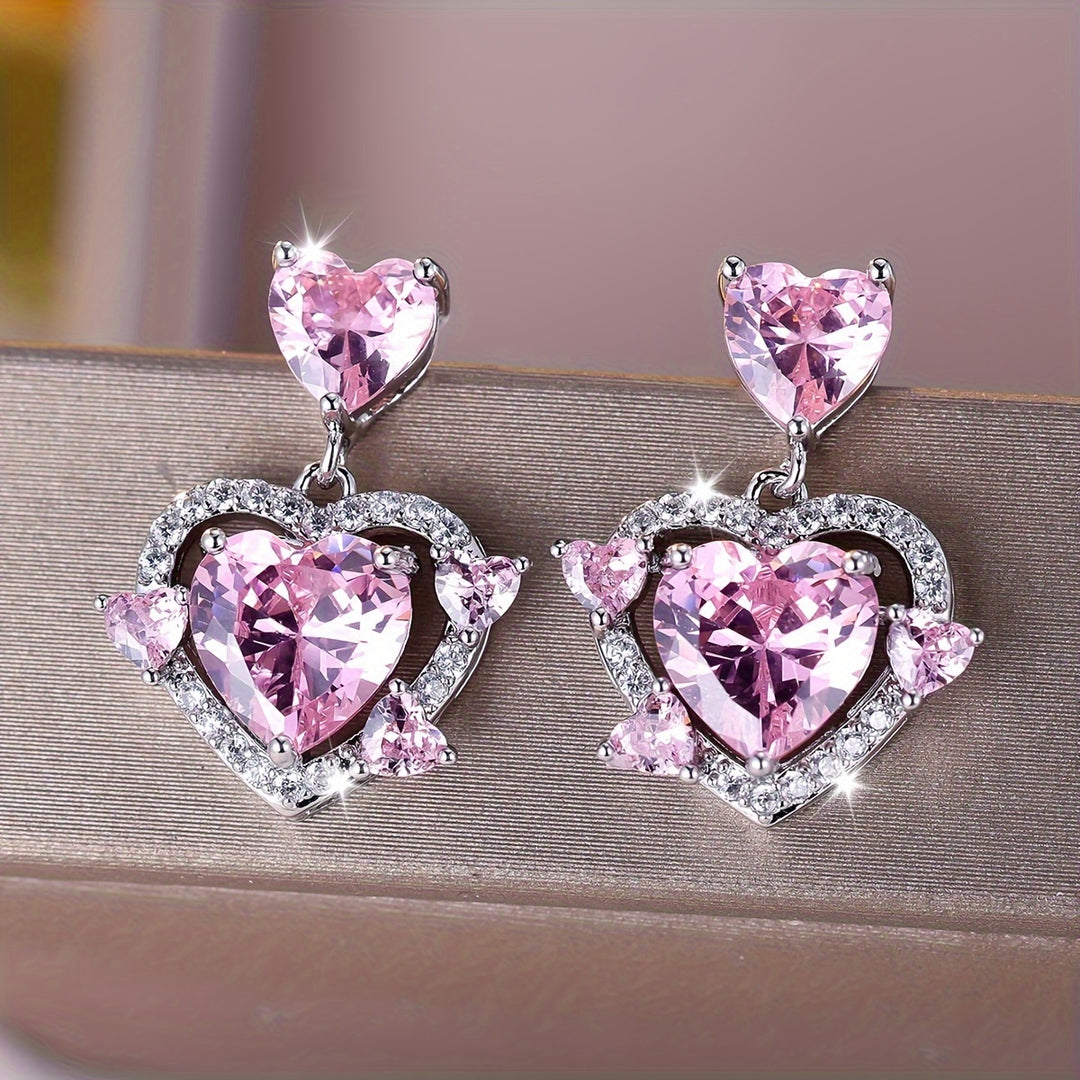 Luxurious Pink Heart Zirconia Earrings
