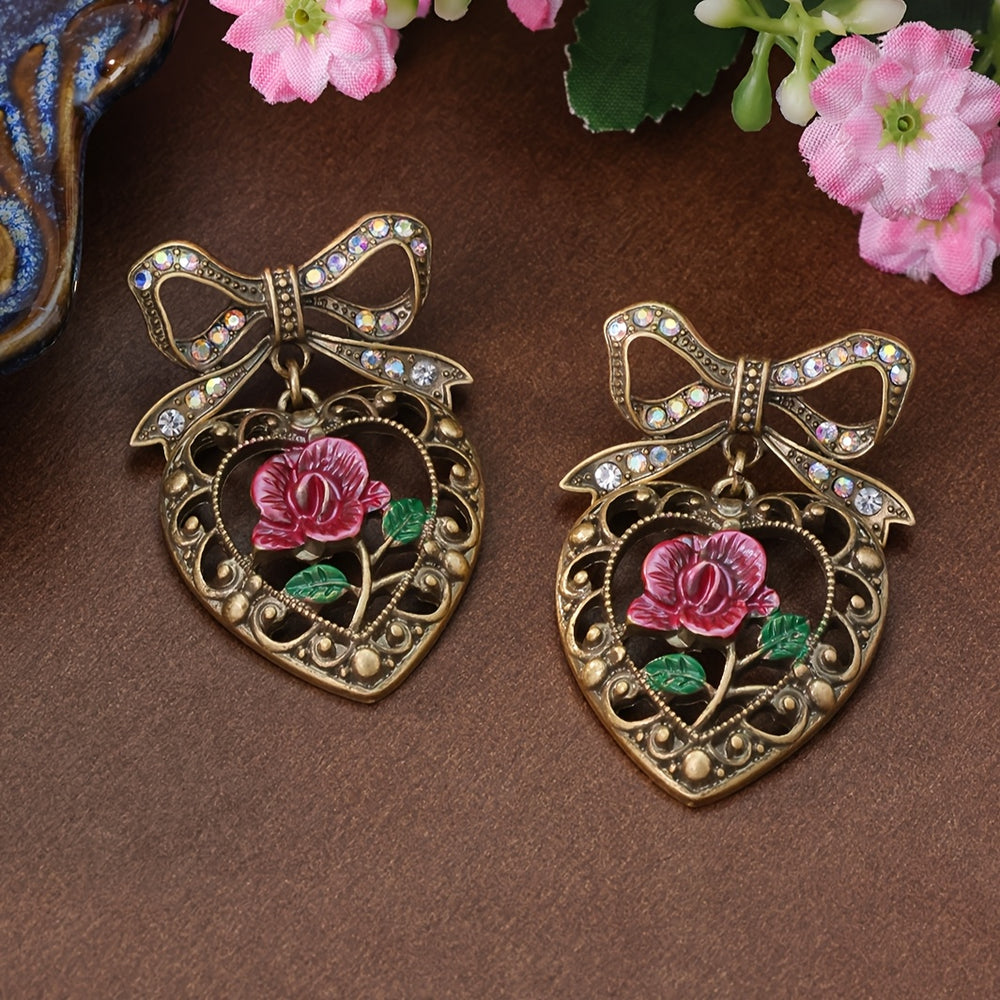 Vintage Heart & Rose Bowknot Earrings