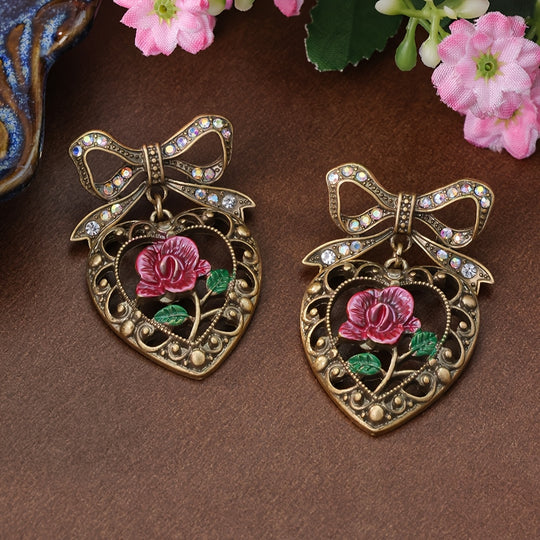 Vintage Heart & Rose Bowknot Earrings