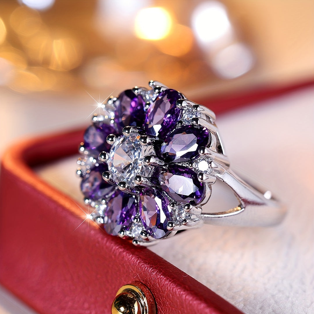 Elegant Purple Zirconia Flower Ring