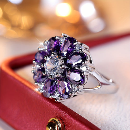 Elegant Purple Zirconia Flower Ring