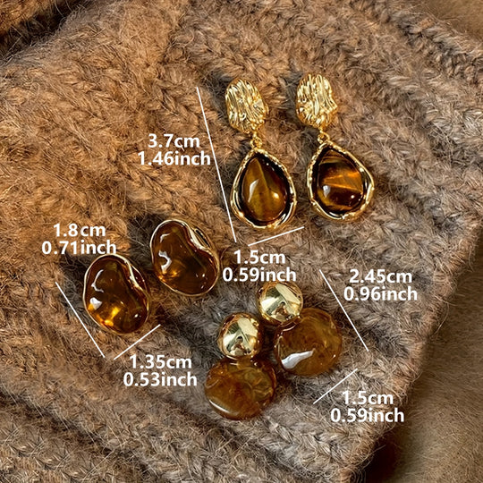 3 Pairs Elegant Brown Resin Earrings Set