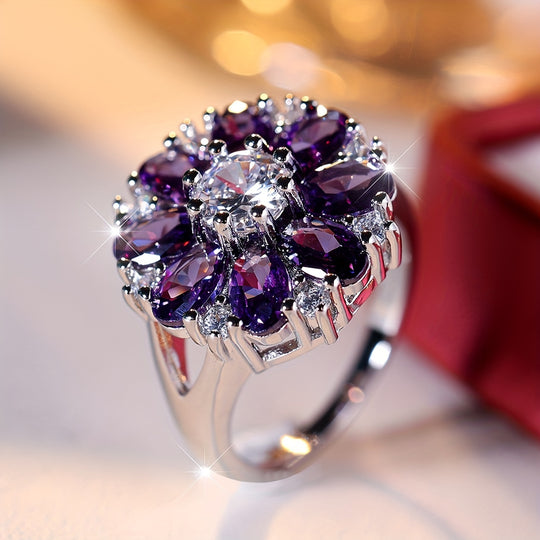Elegant Purple Zirconia Flower Ring