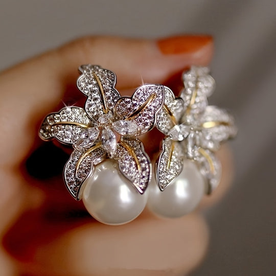 Elegant Two-Tone Zirconia Flower Earrings