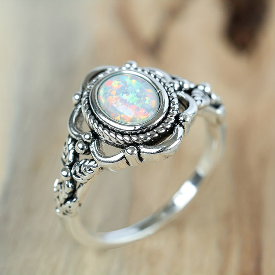 Vintage Silvery Opal Retro Ring