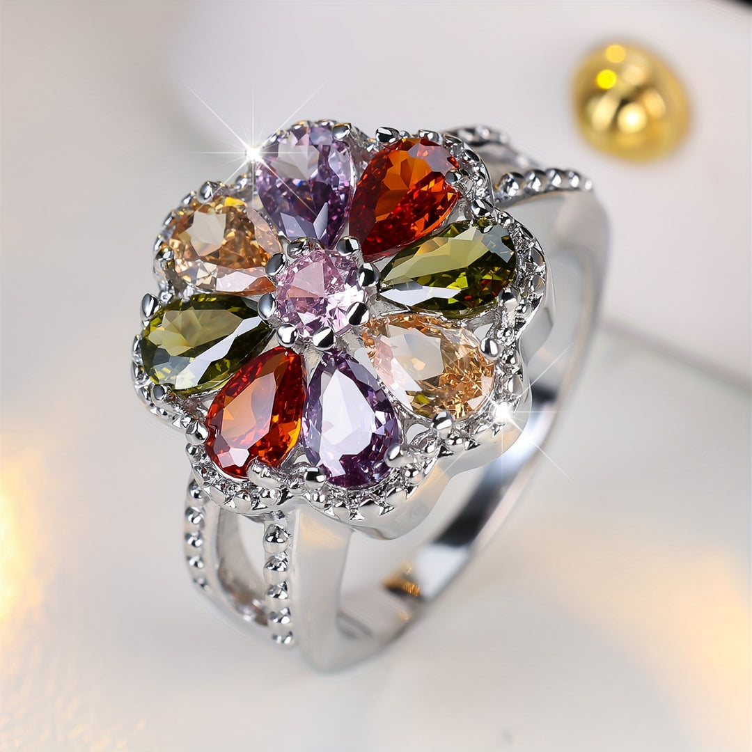 Colorful Floral Cubic Zirconia Ring