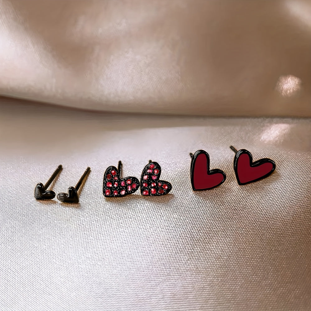 3 Pairs Heart Stud Earrings Set