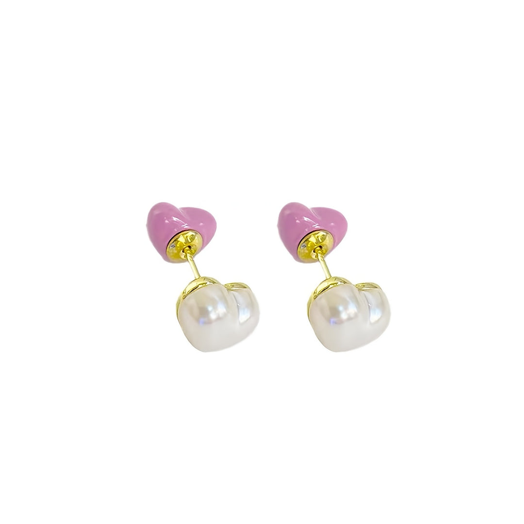 Elegant Pink Heart & Pearl Stud Earrings