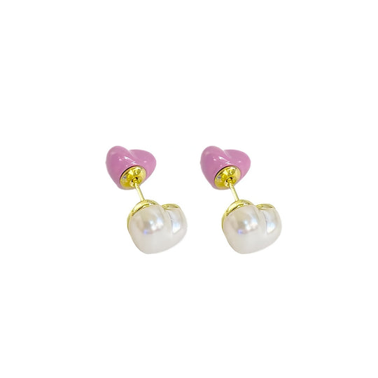 Elegant Pink Heart & Pearl Stud Earrings