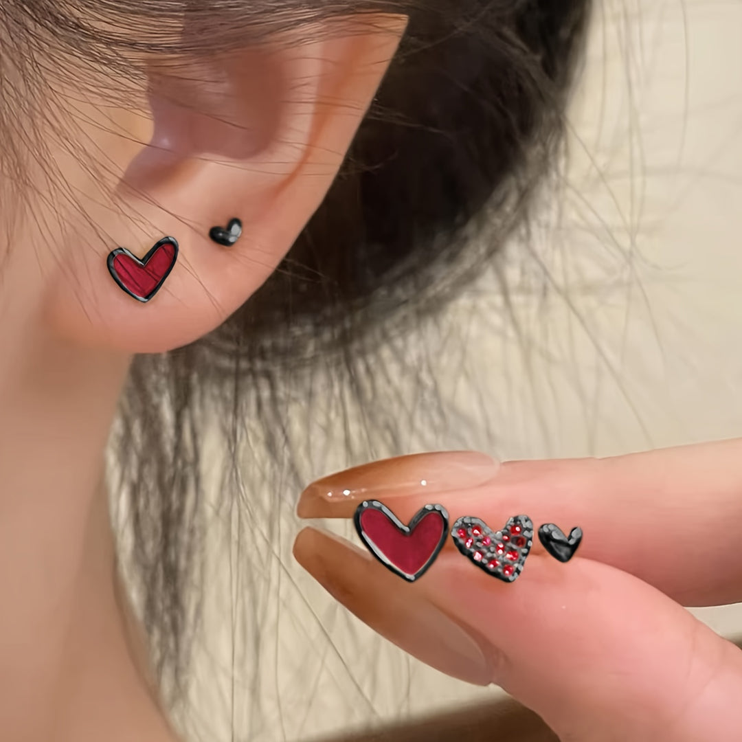 3 Pairs Heart Stud Earrings Set