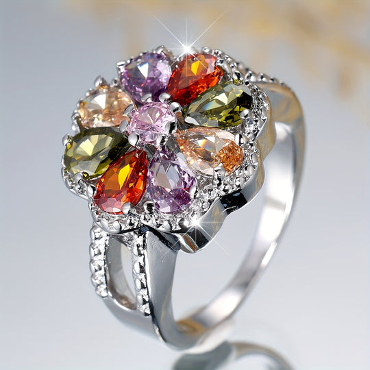 Colorful Floral Cubic Zirconia Ring