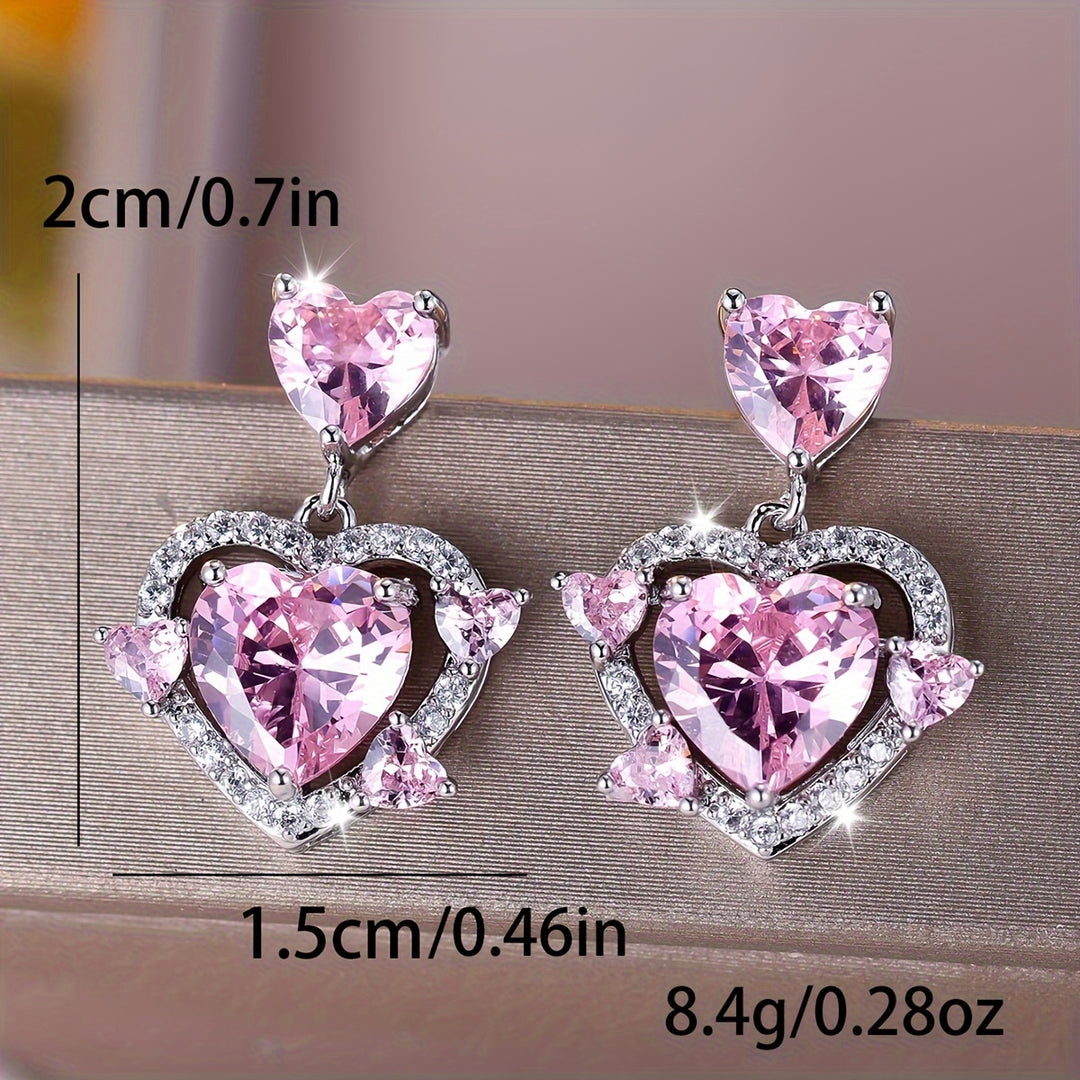 Luxurious Pink Heart Zirconia Earrings