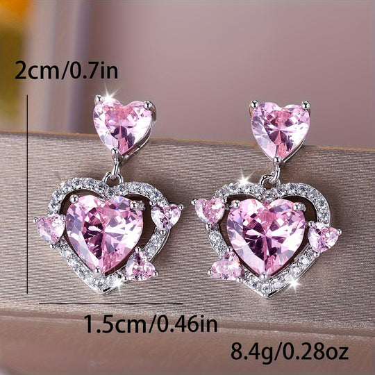 Luxurious Pink Heart Zirconia Earrings