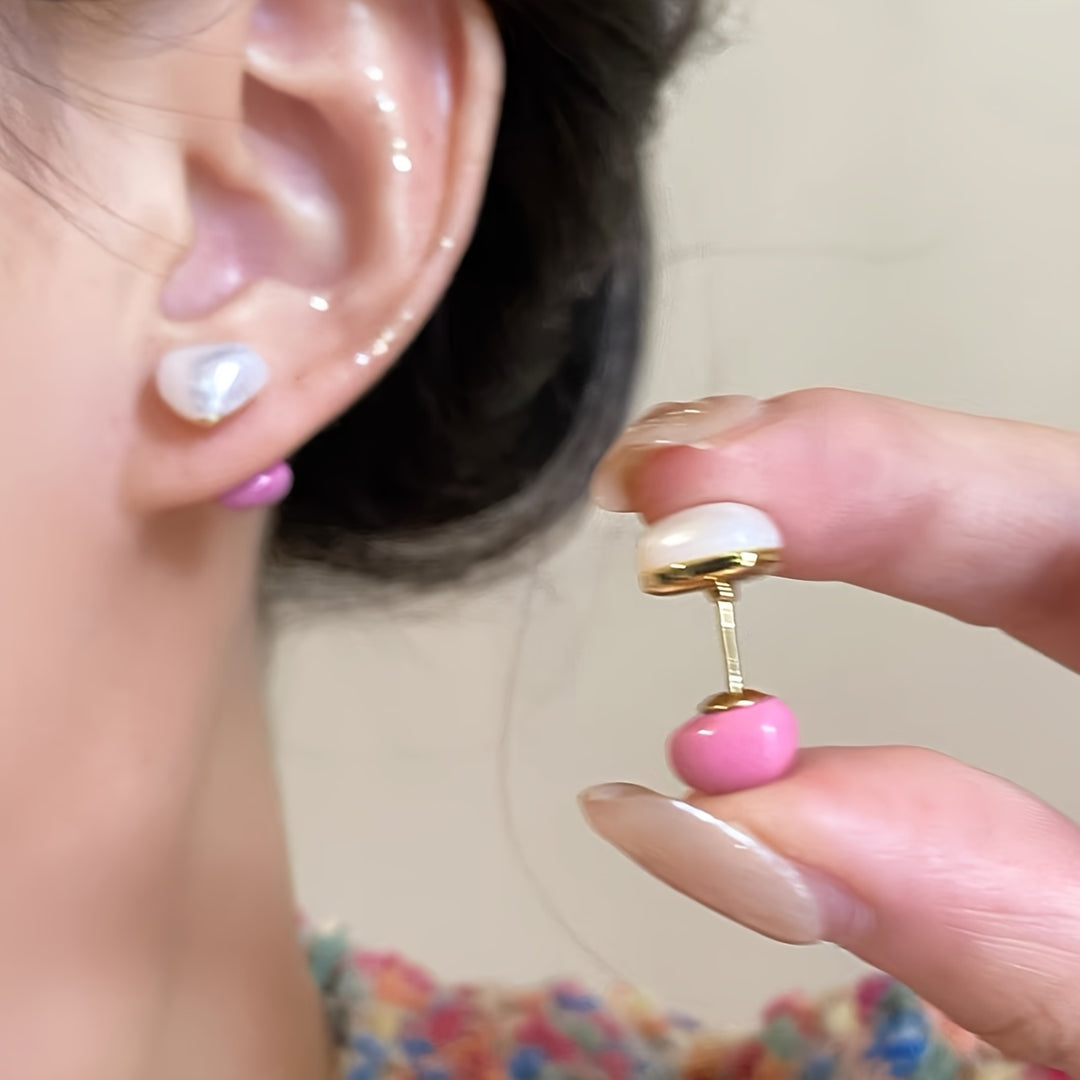 Elegant Pink Heart & Pearl Stud Earrings