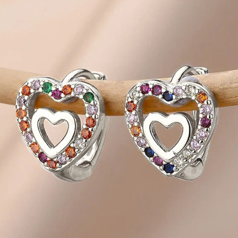 Cute Heart Inlay Zirconia Hoop Earrings