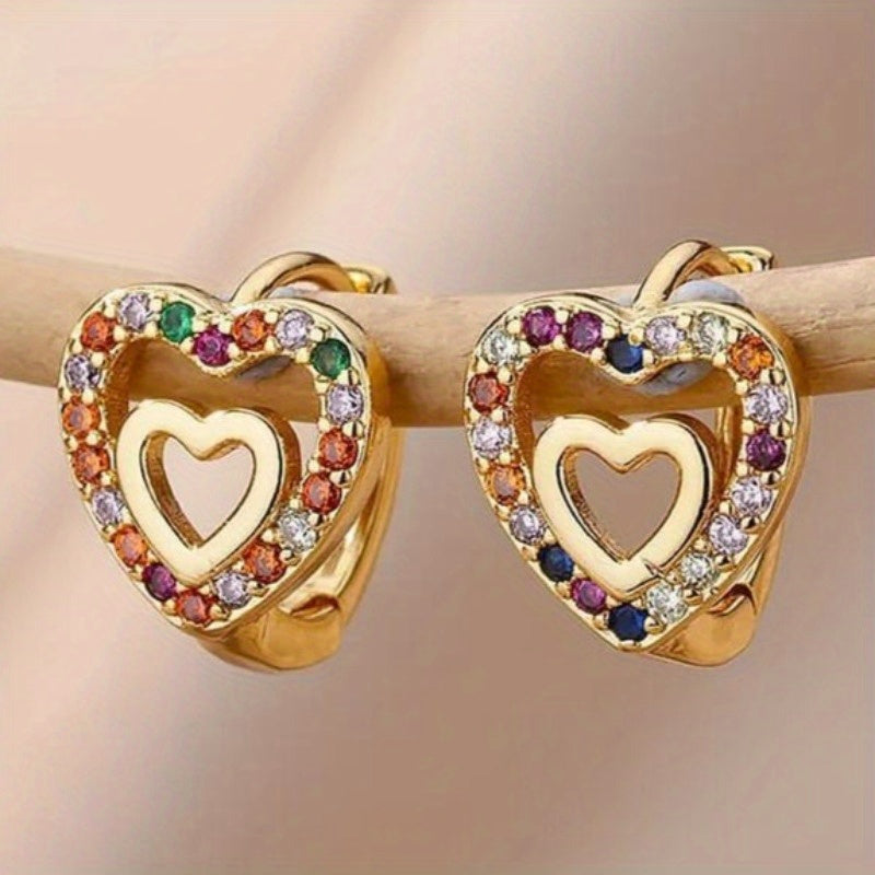 Cute Heart Inlay Zirconia Hoop Earrings