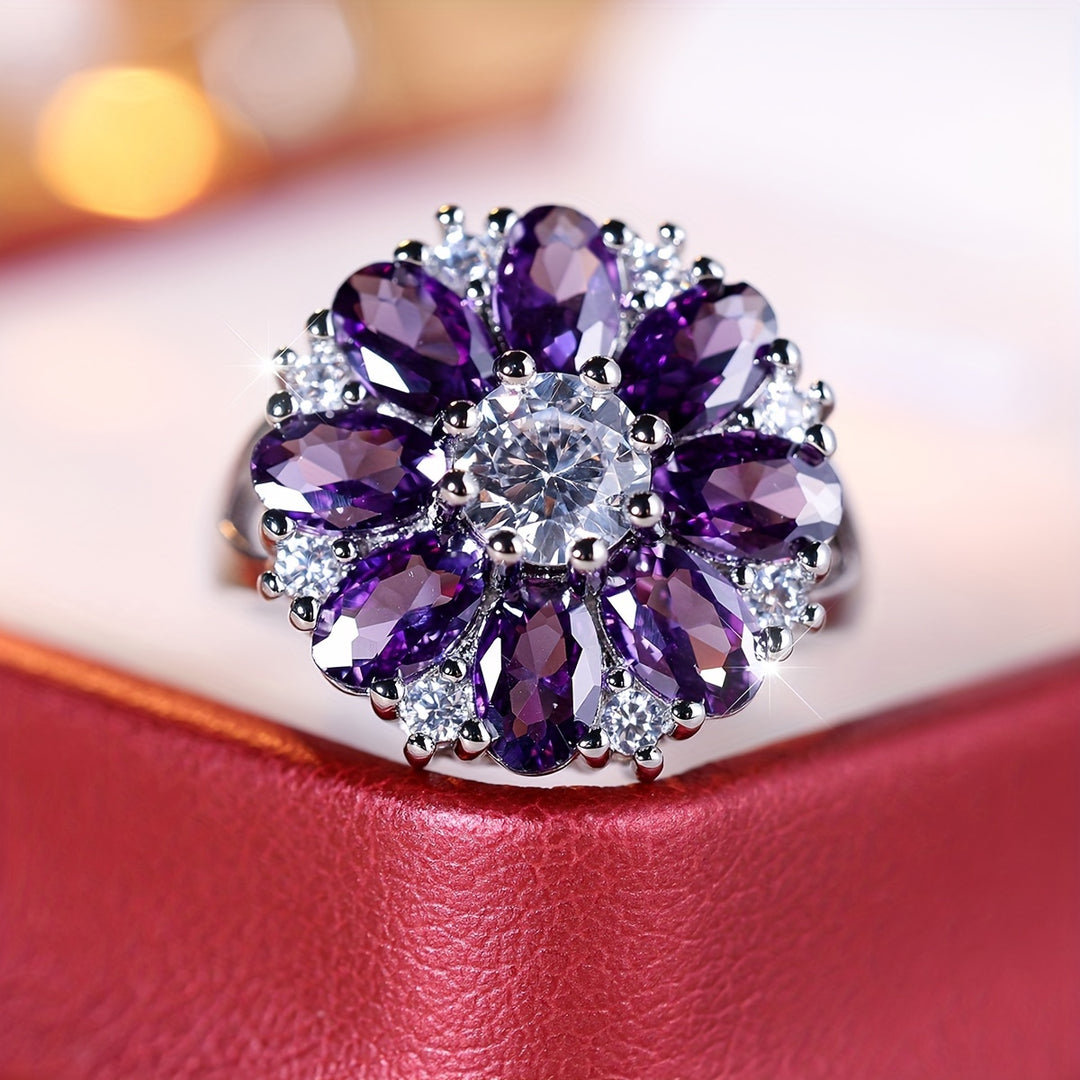 Elegant Purple Zirconia Flower Ring