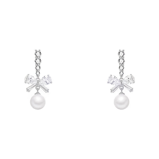 Rhinestone Bows Imitation Pearls Earrings