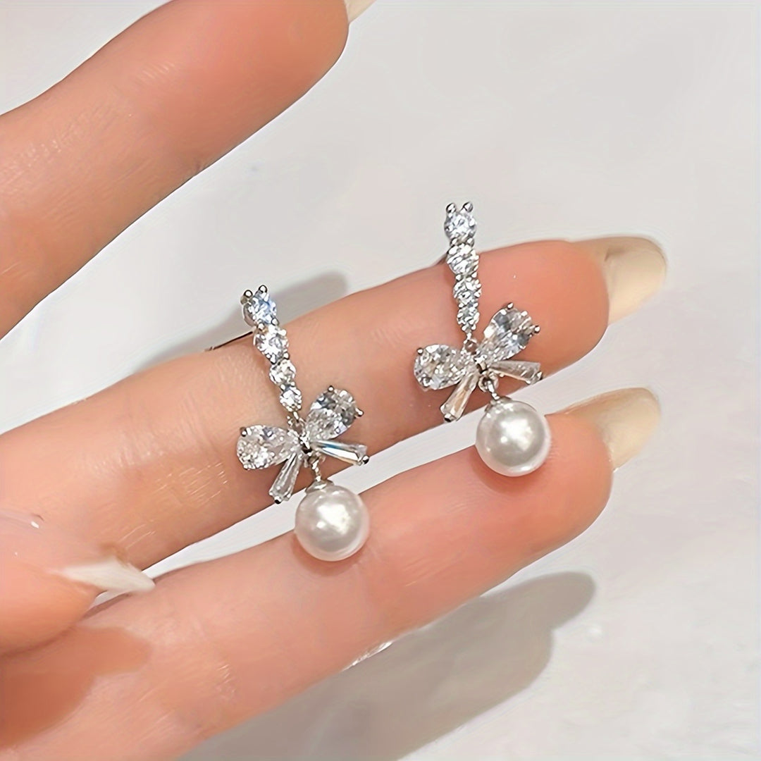 Rhinestone Bows Imitation Pearls Earrings
