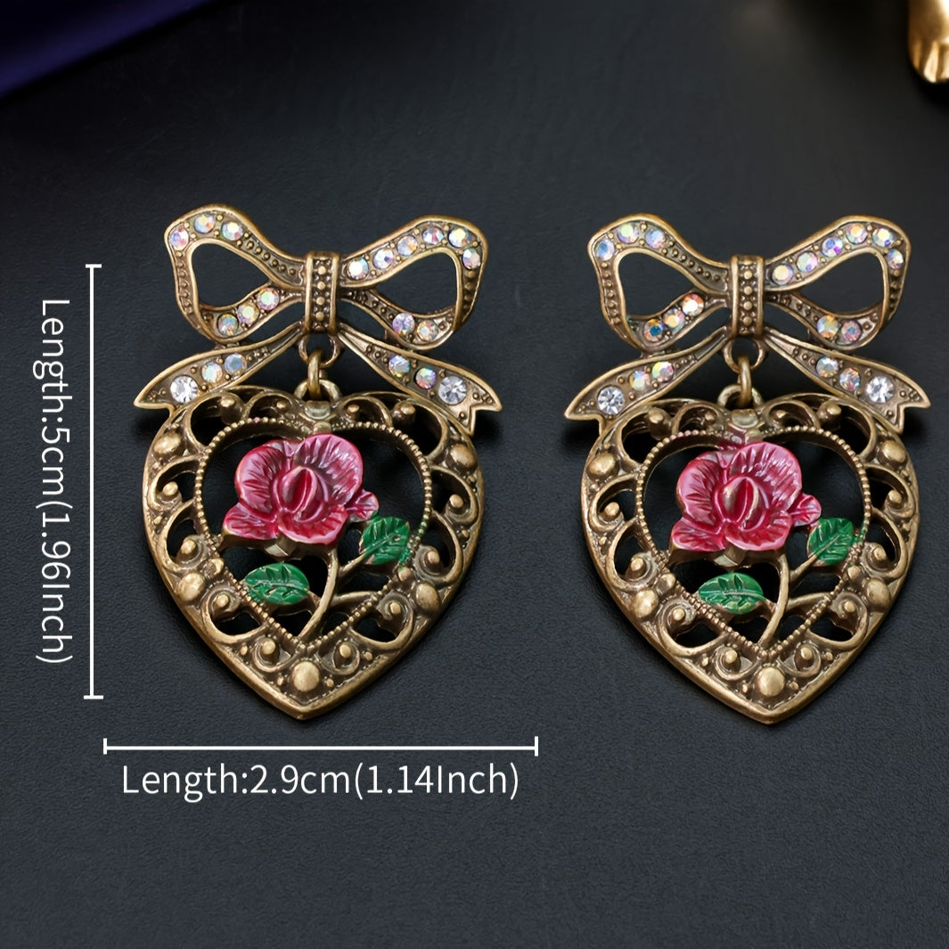 Vintage Heart & Rose Bowknot Earrings