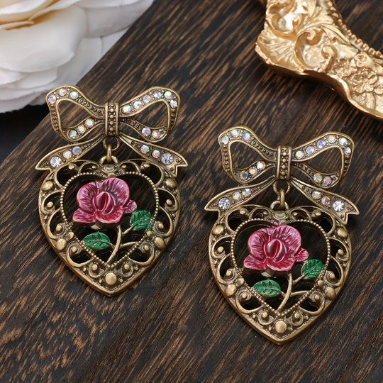 Vintage Heart & Rose Bowknot Earrings
