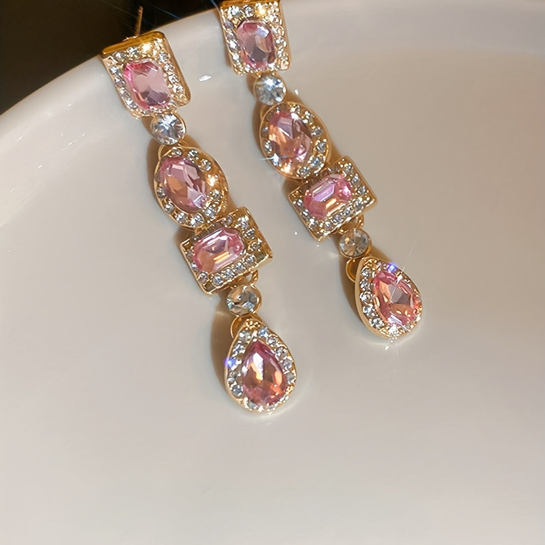 Golden Dangle Earrings with Emerald & Clear Gemstones