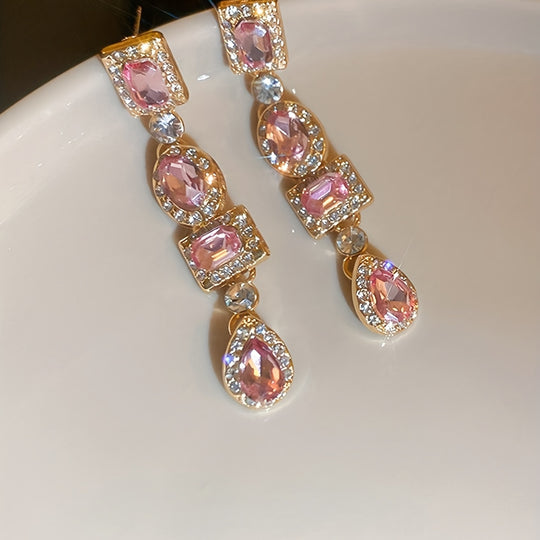 Golden Dangle Earrings with Emerald & Clear Gemstones